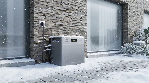 Zendure SolarFlow 2400 AC+, in de winter buiten bij een woning geïnstalleerd