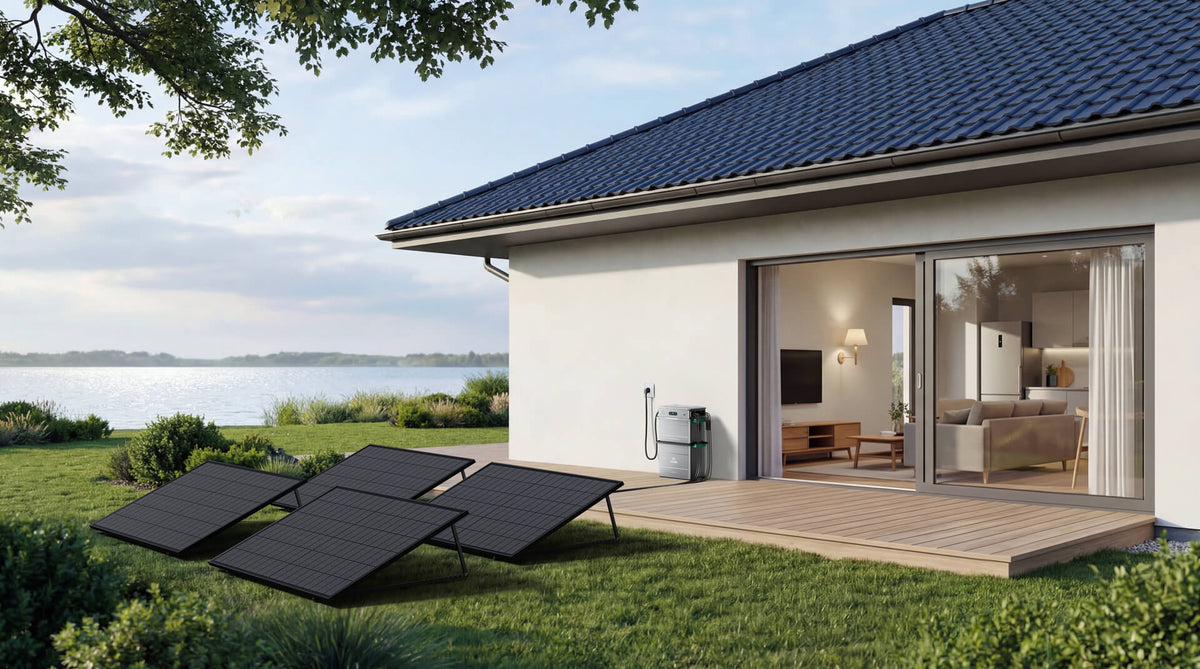 Zonnepanelen en een Zendure thuisbatterij in de tuin